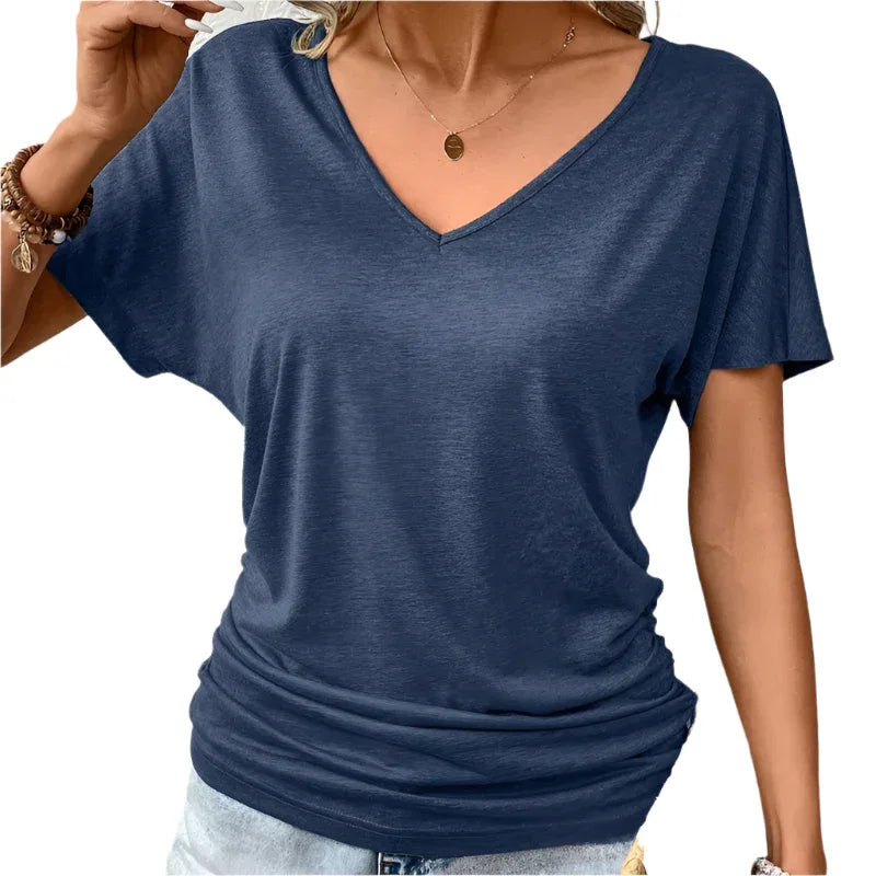 Women's Summer Solid Color V-Neck Short Sleeve Casual T-Shirt Top
