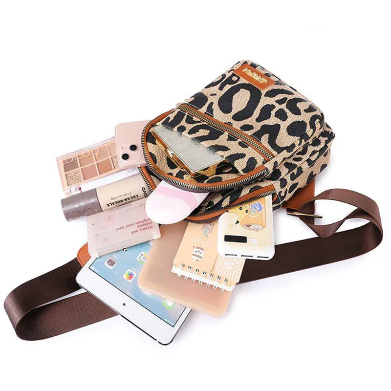 Leopard Print Sling Chest Bag With Headphone Jack Crossbody Shoulder Bag For Women
