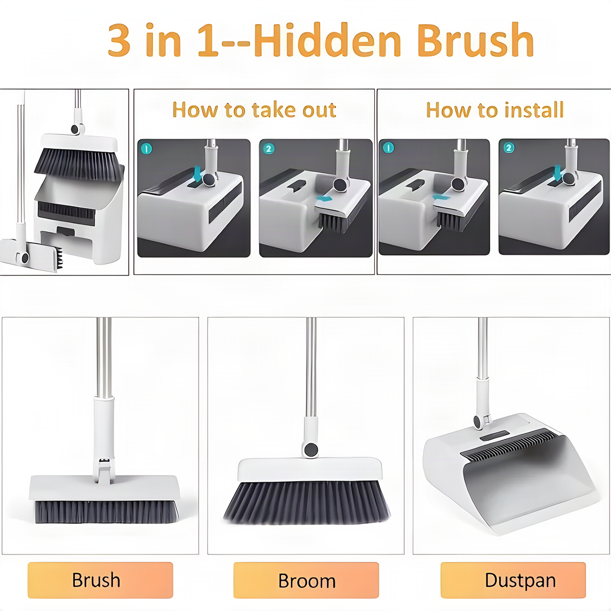 3-in-1 Broom and Dustpan Set