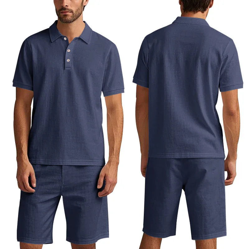 Summer Men's Loose Casual Linen Breathable Short Sleeve Shirts & Shorts Clothing Set