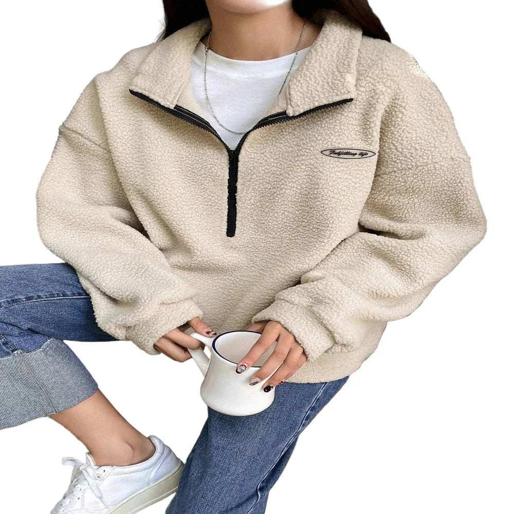Patched Detail Drop Shoulder Half Zip Fleece Sweatshirt Long Sleeve Sweater Tops For Women