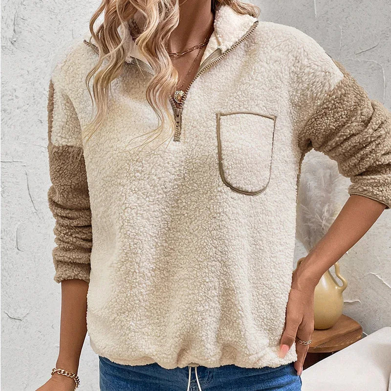 Long Sleeve Stand Collar Color Matching Warm With Velvet Sweater For Women