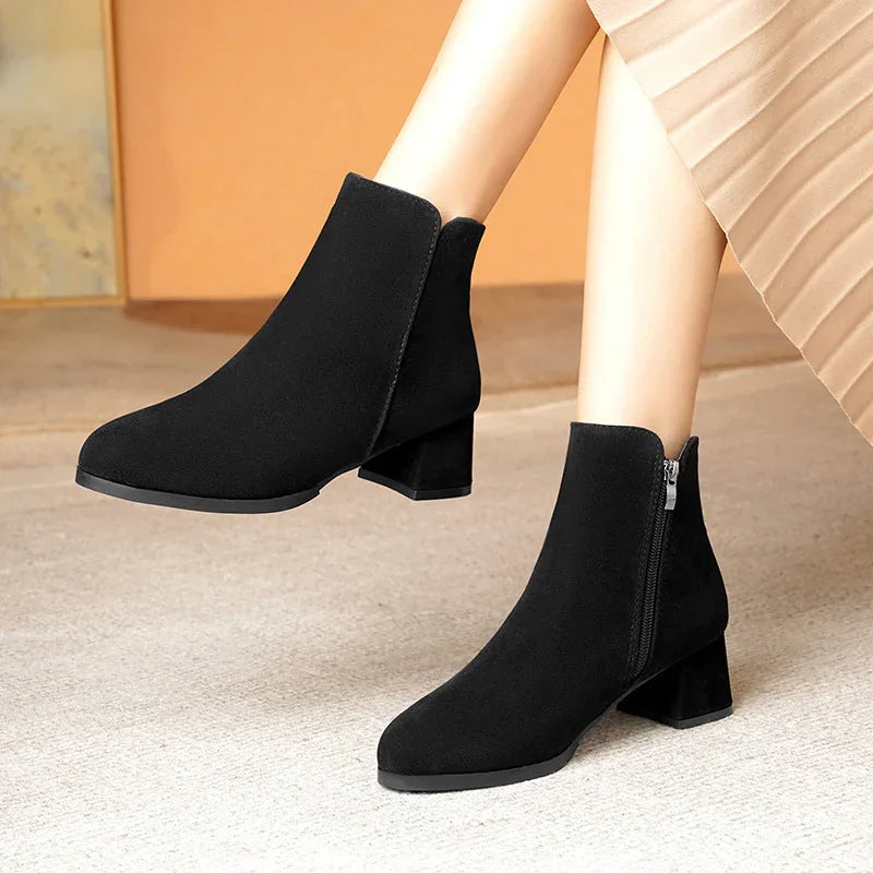 Pointed-Toe Suede Side Zipper Women's Boots