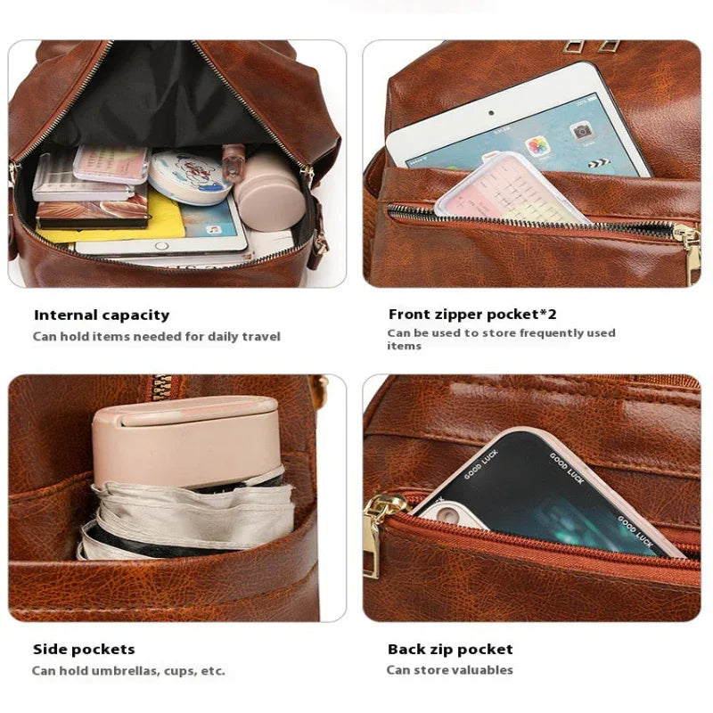 Women's Large Capacity PU Leather Travel School Work Backpack