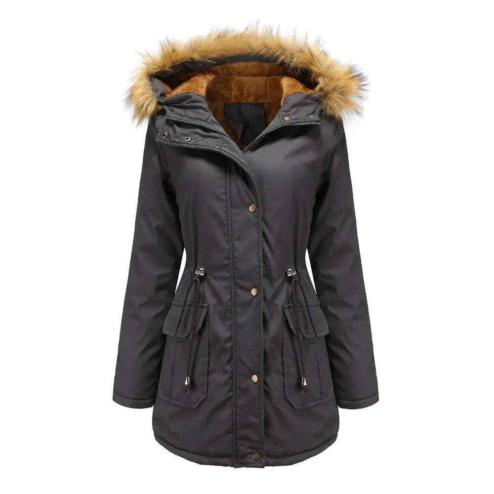 Women's Hooded Fur Collar Fleece-Lined Warm Winter Jacket