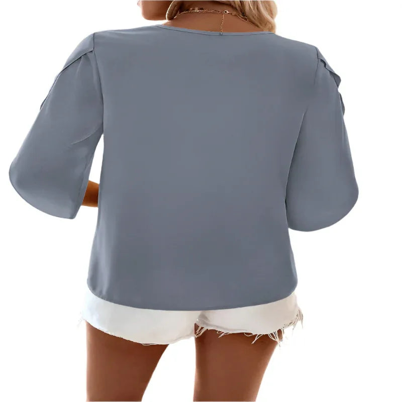Solid Asymmetrical Neck Petal Sleeve Blouse Top For Women