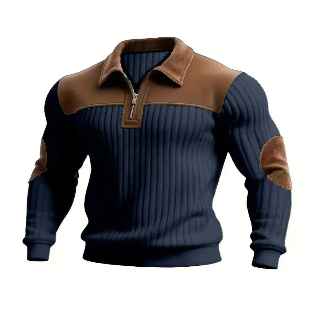 Notched-Collar Patchwork Knit Top Sweater With Zipper For Men