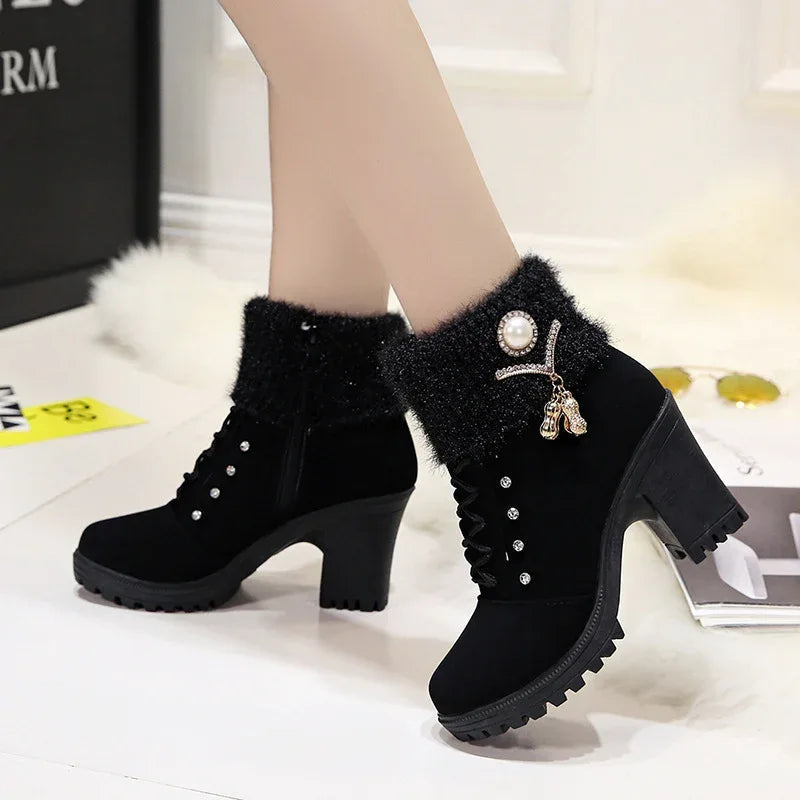 Women's Chunky Heel Lace-Up Rhinestone Martin boots