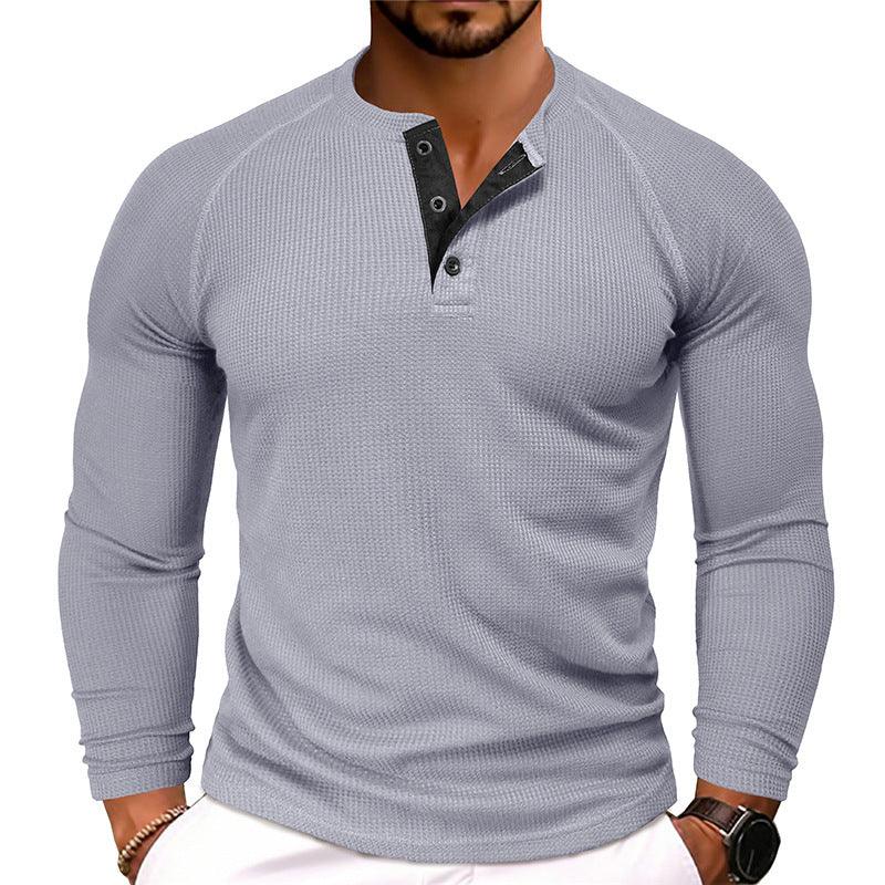 Men's Round Neck Waffle Casual Buttoned Long Sleeve T-Shirt