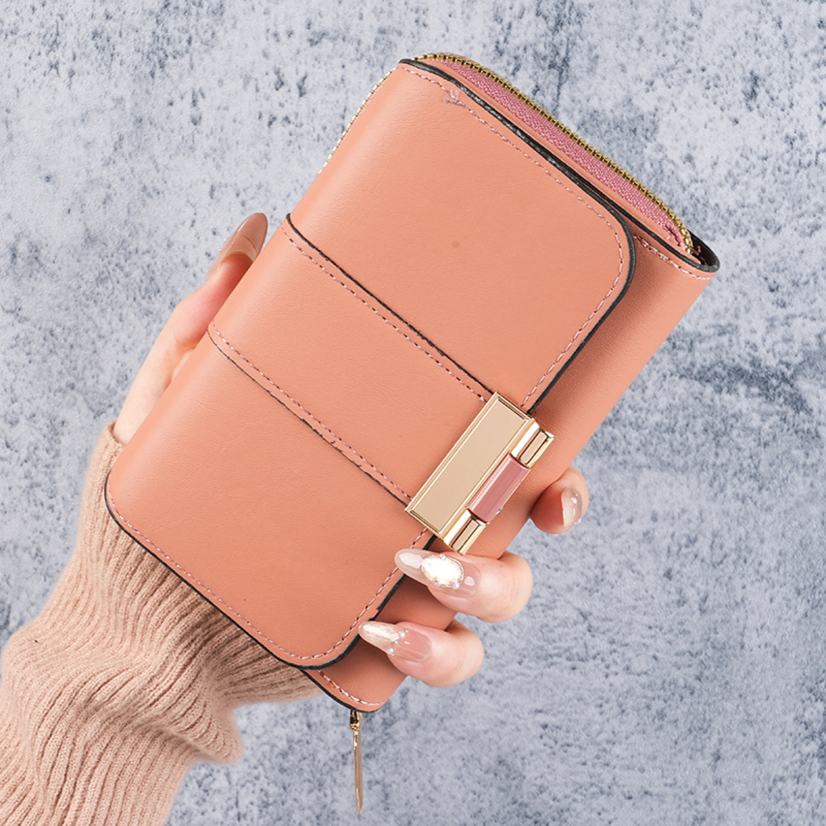 Gold-Clasp Foldover Zip Wallet
