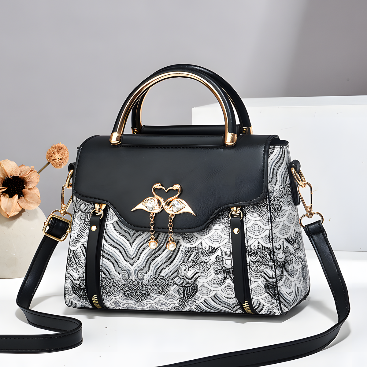 Bird-Charm Printed Shoulder Bag