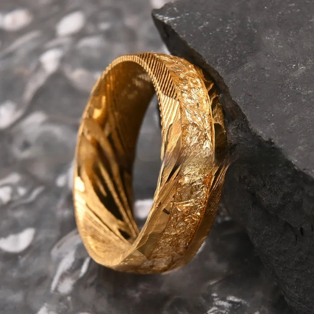 Middle Inlaid Gold Damascus Steel Ring