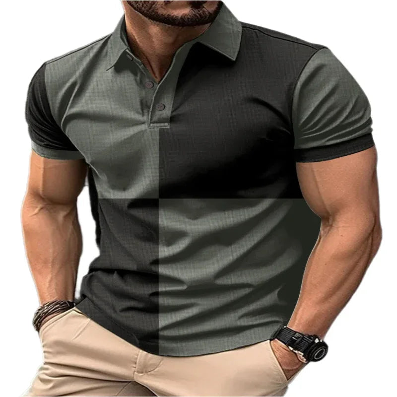 Casual Sports Short Sleeve Color Stitching Turnover Neck Polo Shirt Men Clothing