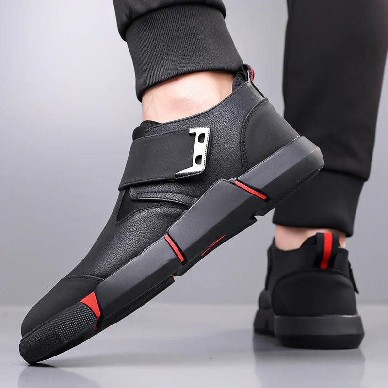 Men's Casual Comfortable Leather Slip-On Low-Top Velcro Non-Slip Flat Heel Shock Absorption Shoes