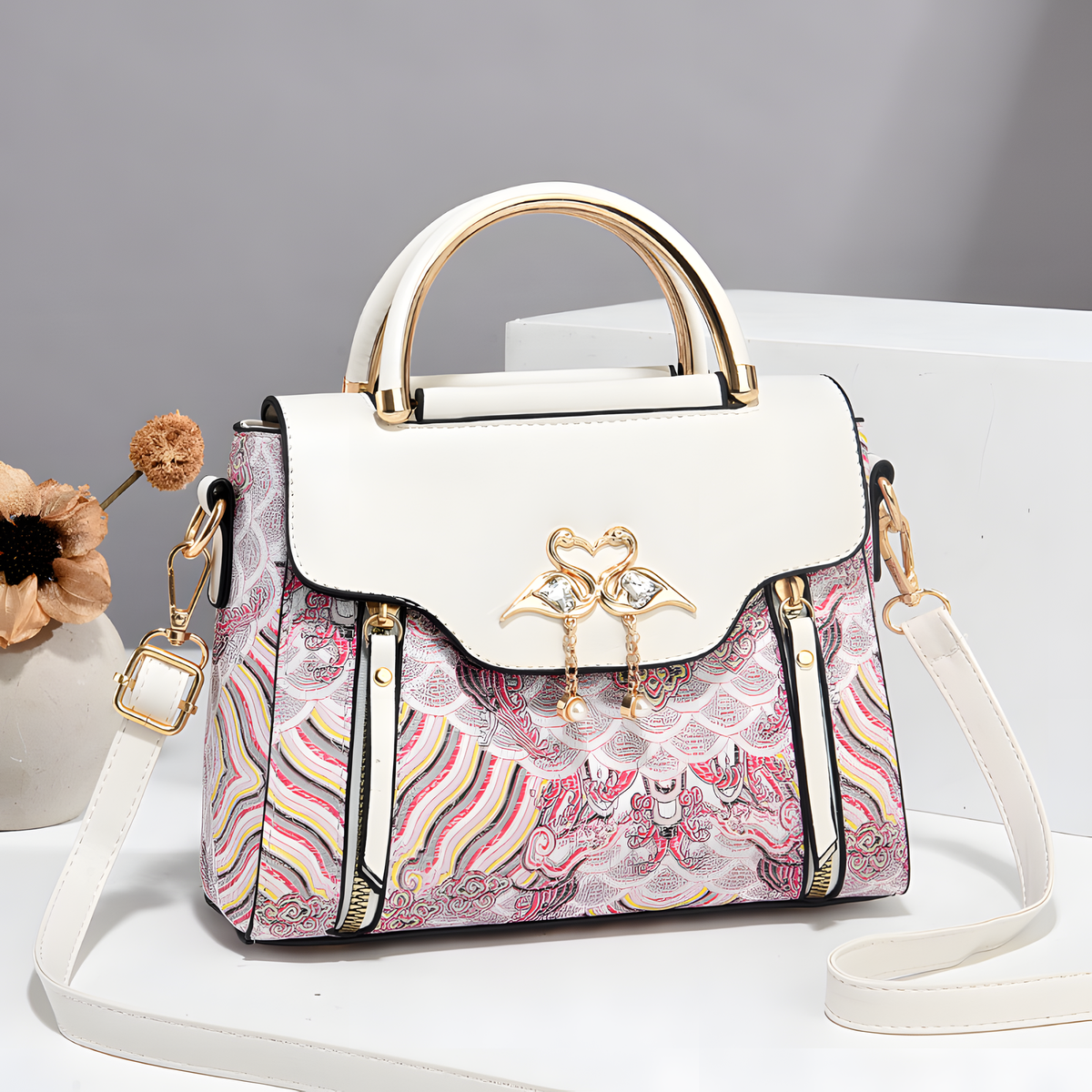 Bird-Charm Printed Shoulder Bag