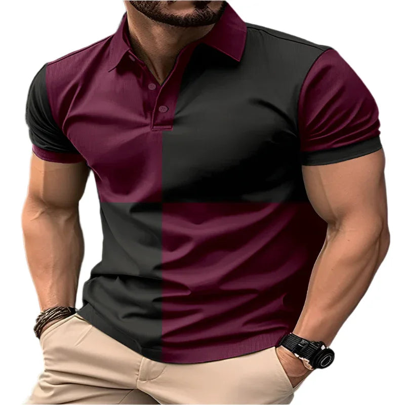 Casual Sports Short Sleeve Color Stitching Turnover Neck Polo Shirt Men Clothing