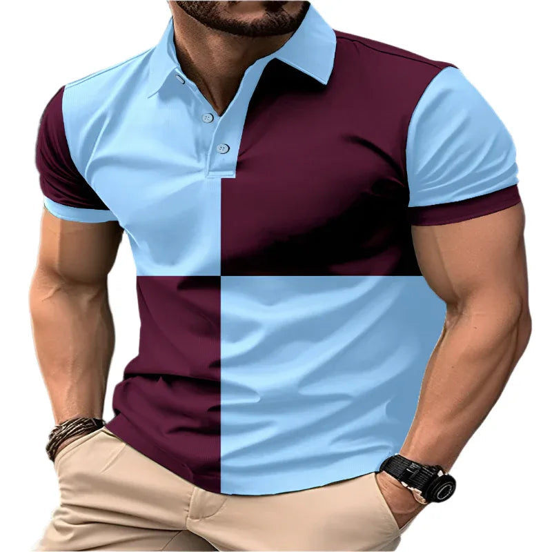 Casual Sports Short Sleeve Color Stitching Turnover Neck Polo Shirt Men Clothing