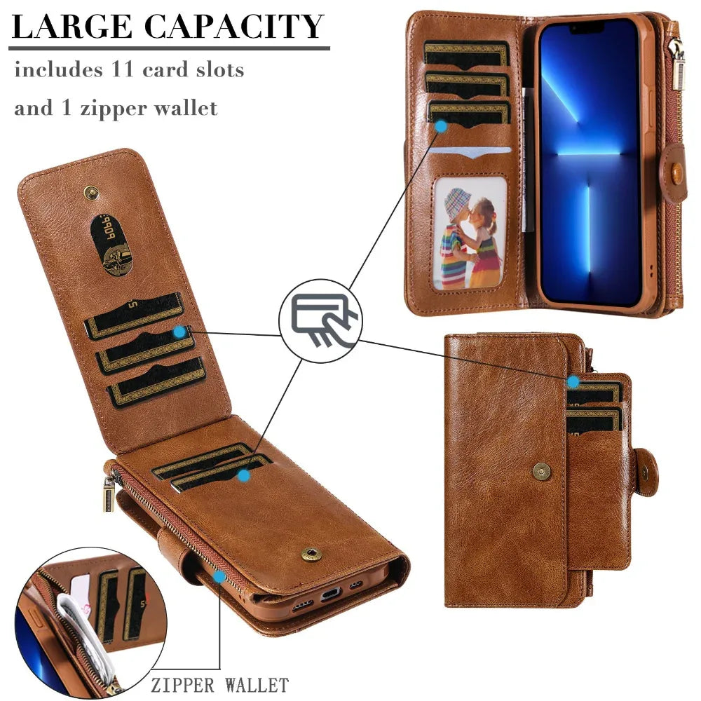 Leather Retro Phone Case Multi-Function Wallet With Magnetic Buckle Closing Method