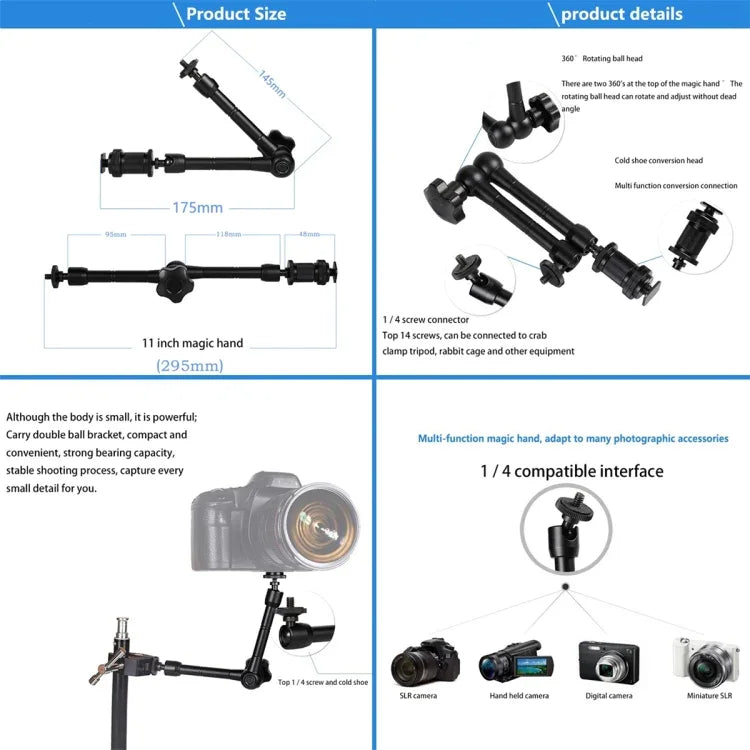 Magic Arm Dubbel 360° Kulled + Klämma - 11" - Aluminium - Kit