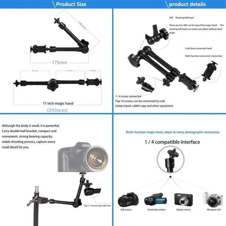 Magic Arm Dubbel 360° Kulled + Klämma - 11" - Aluminium - Kit