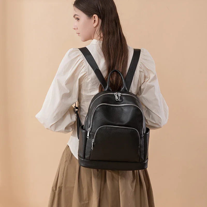 Fashionable Solid Color Large Capacity Trendy Women's Backpack Soft Leather Bag