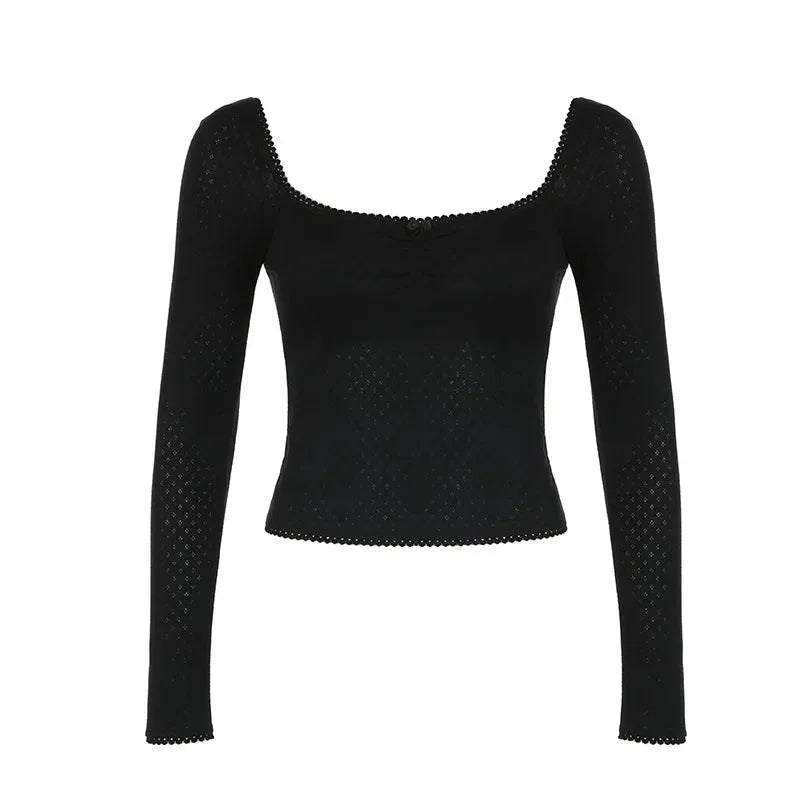 French Pure Desire Square Collar Lace Bow Long Sleeve Top For Women
