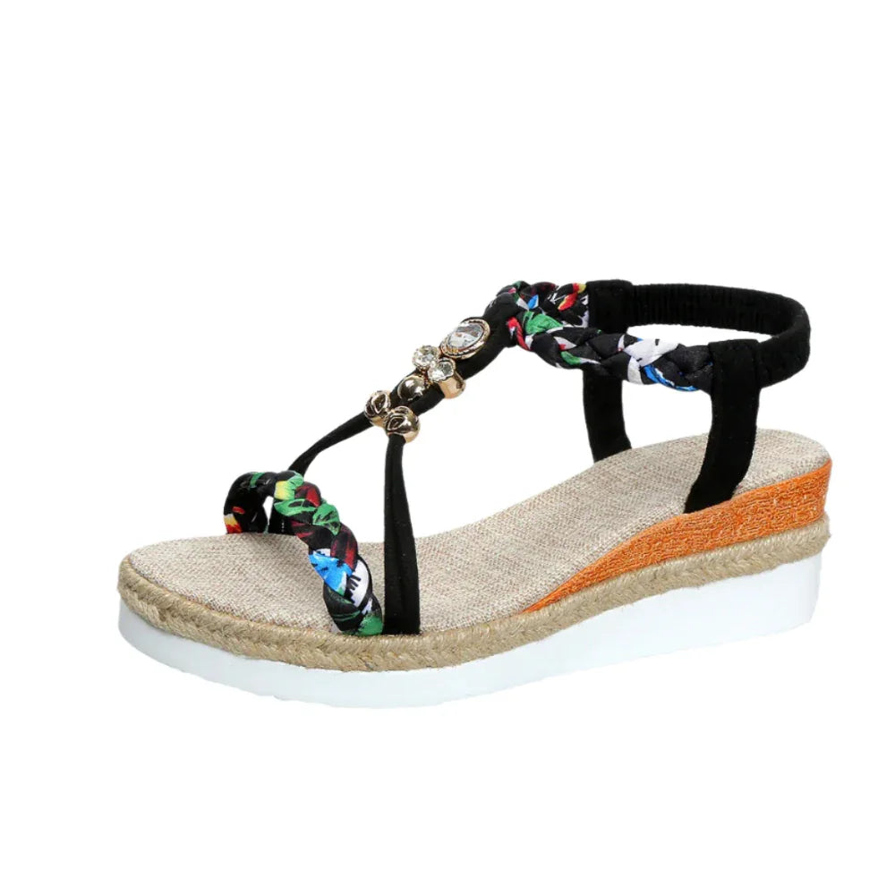 Round Toe Flat Bottom Wedge Woven Beads Sandals For Women