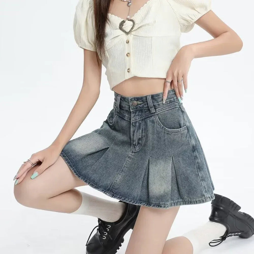 Retro Denim Skirt Summer A- Line Pleated Skirt For Women
