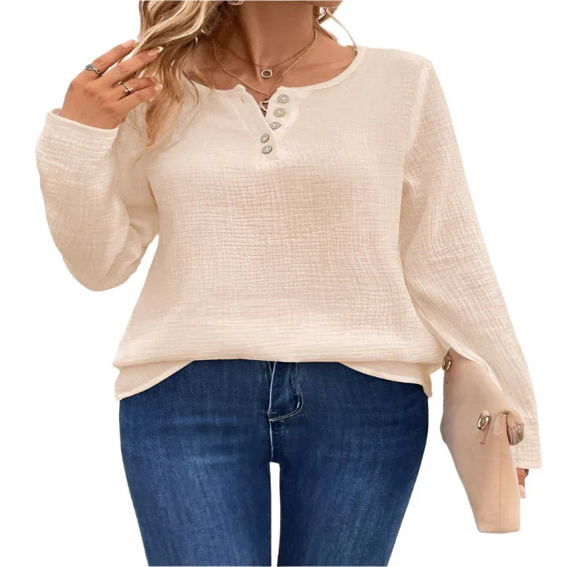 Women's Comfortable Long Sleeve Button Pullover Top T-Shirt