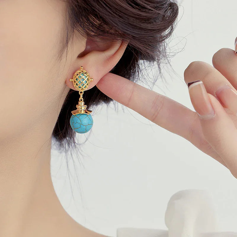 Turquoise Long Silver Pin Earrings For Women