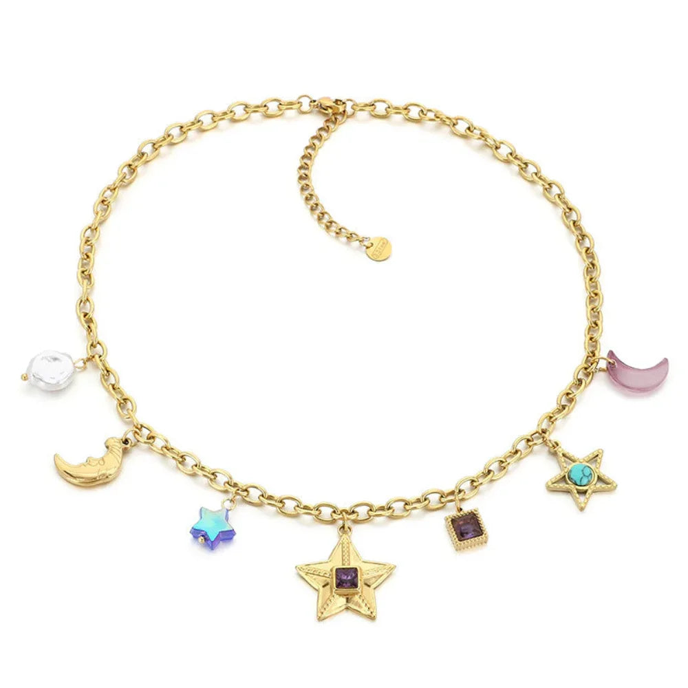 Fashion Personality Star Moon Color Artificial Glass Pearl Stainless Steel Women's Necklace