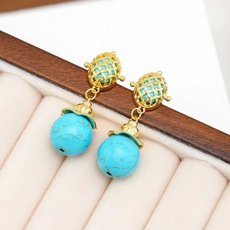 Turquoise Long Silver Pin Earrings For Women
