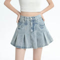 Retro Denim Skirt Summer A- Line Pleated Skirt For Women