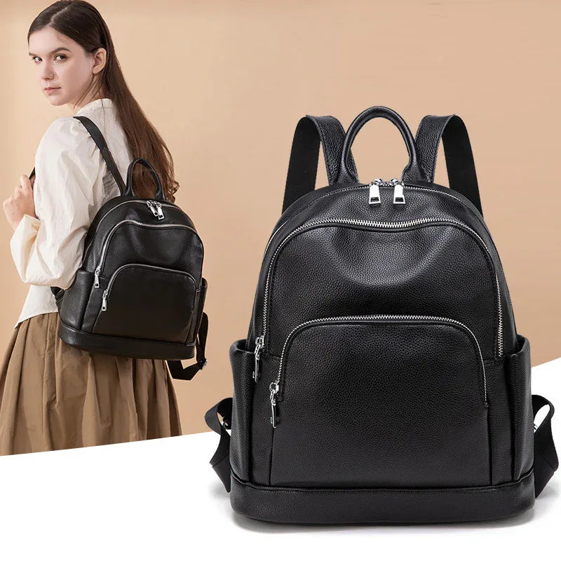 Fashionable Solid Color Large Capacity Trendy Women's Backpack Soft Leather Bag