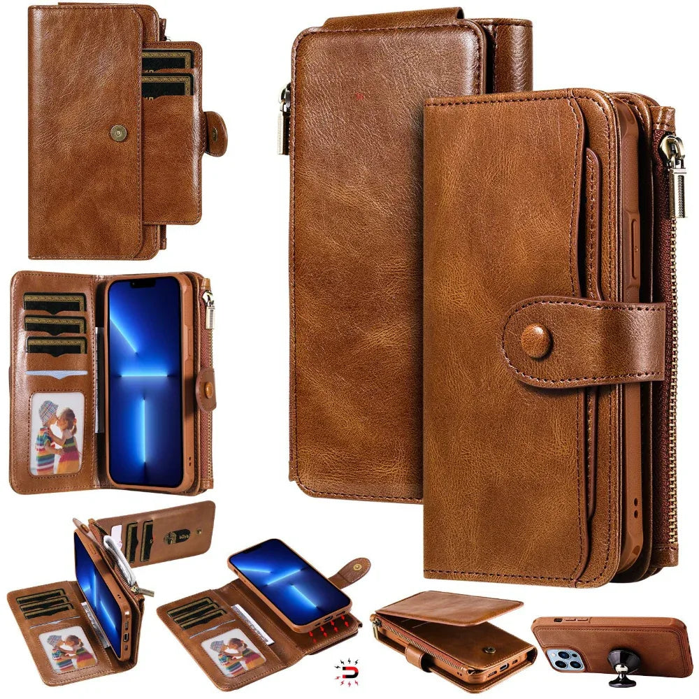 Leather Retro Phone Case Multi-Function Wallet With Magnetic Buckle Closing Method