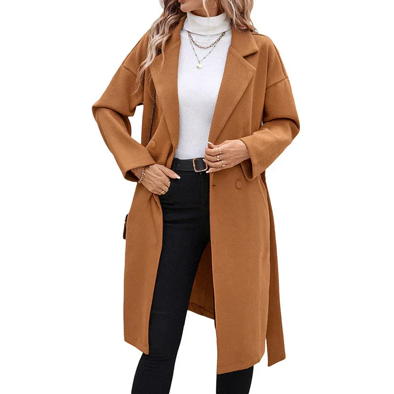 Women's Lace-Up Extended Solid Color Woolen Coat