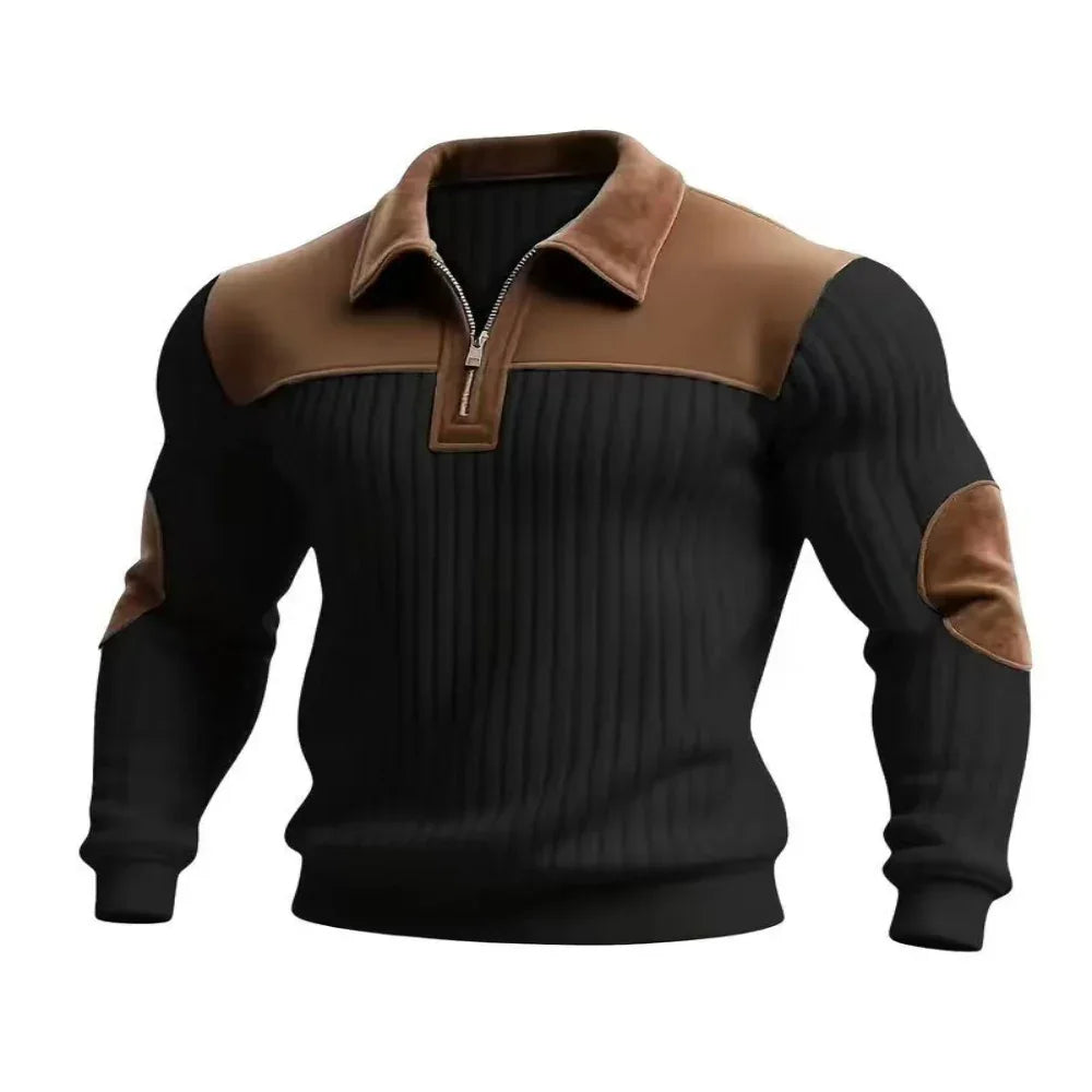Notched-Collar Patchwork Knit Top Sweater With Zipper For Men