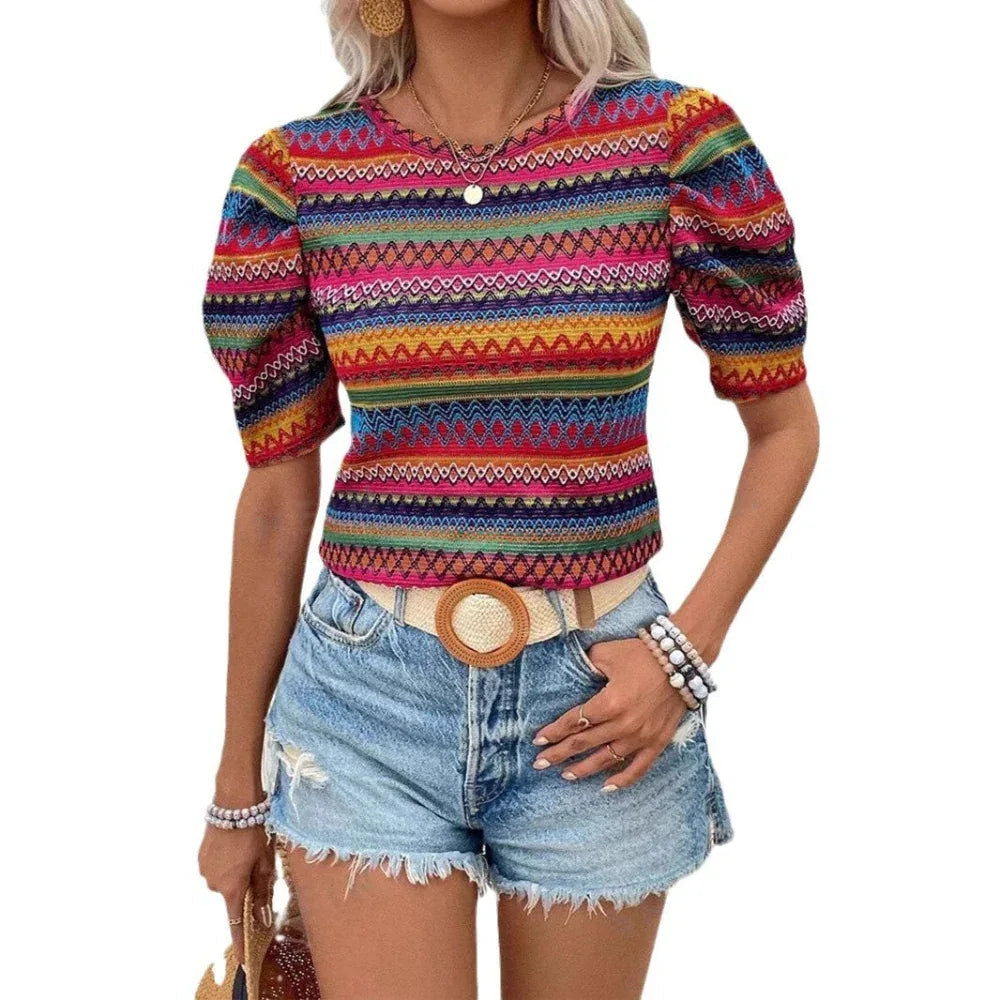 Casual Round Neck Knitted Bohemian Women's T-Shirt Top