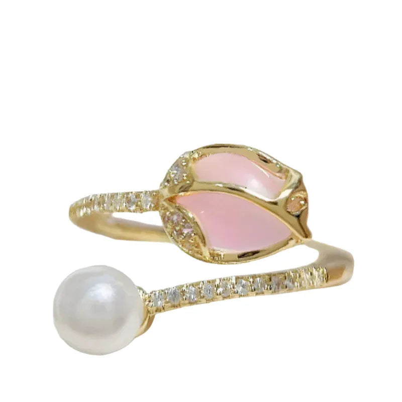 Tulip Bud Adjustable Pearl Ring For Women