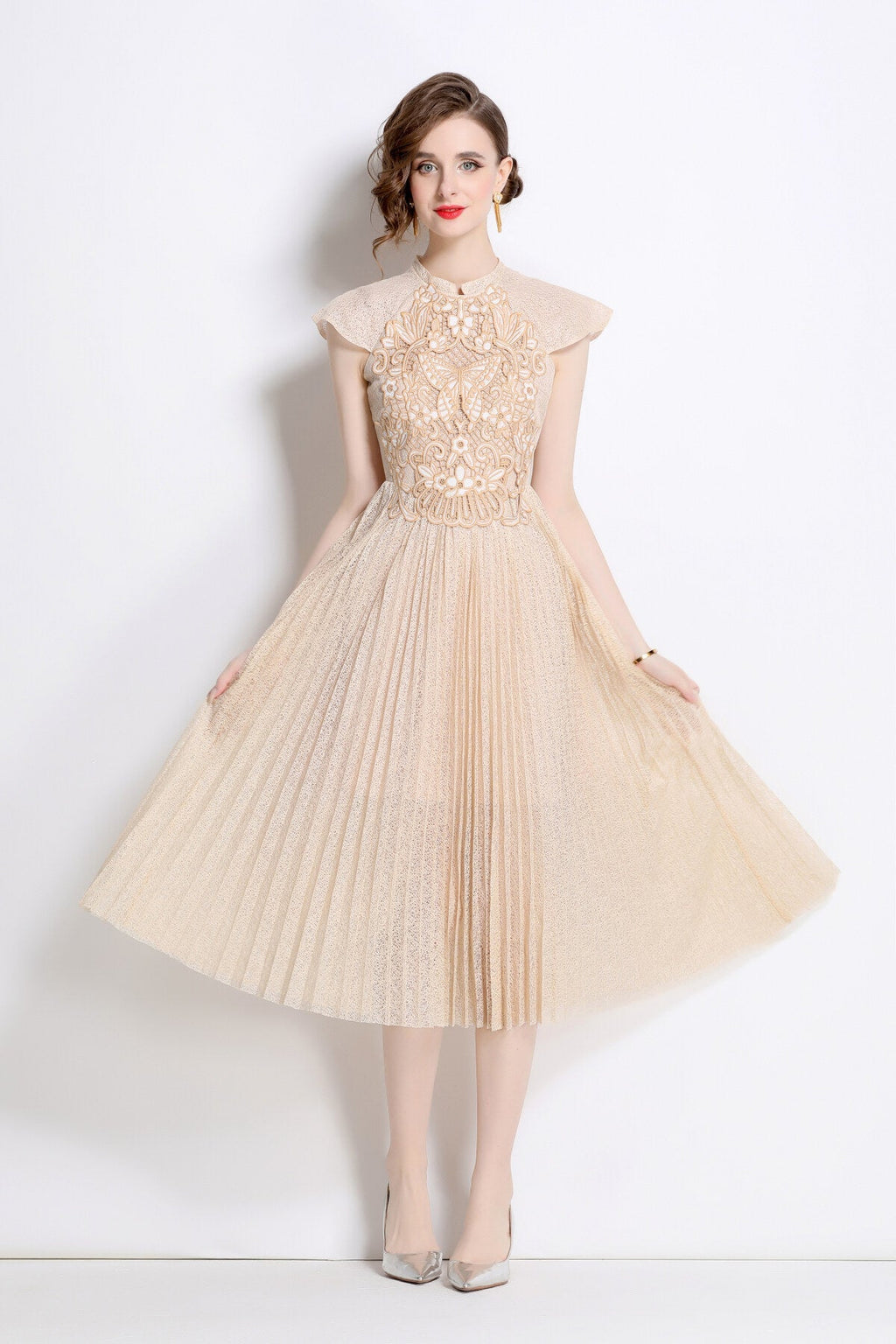 Apricot Lace Embroidered Pleated Midi Dress