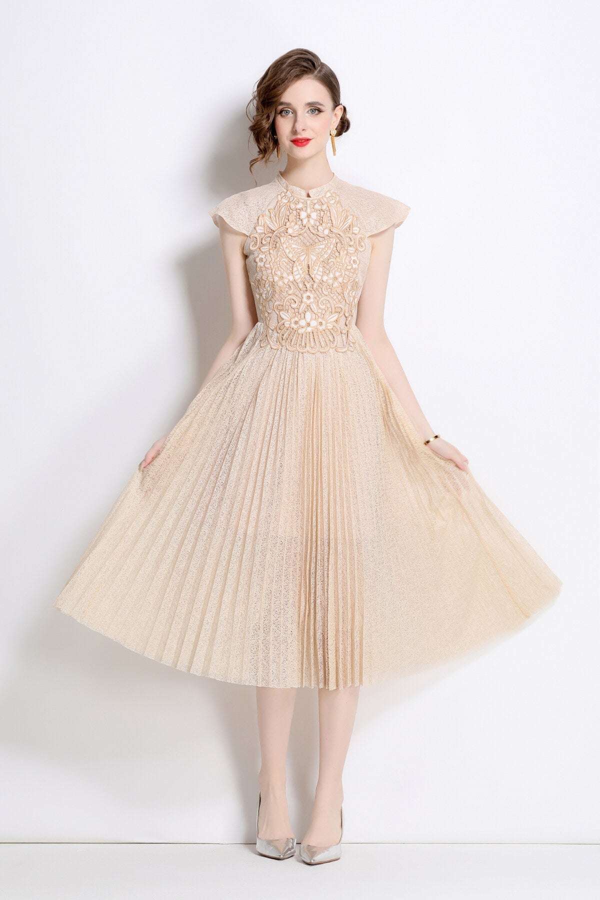 Apricot Lace Embroidered Pleated Midi Dress