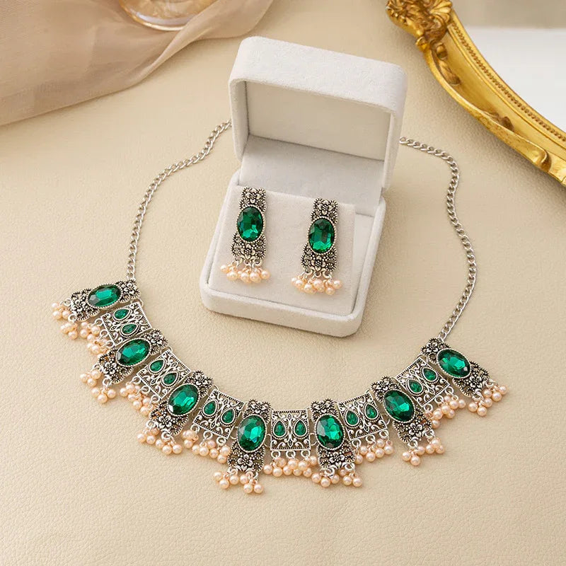 Vintage Emerald Earrings & Necklace Ethnic Style Square Tassel Bead Jewelry Set