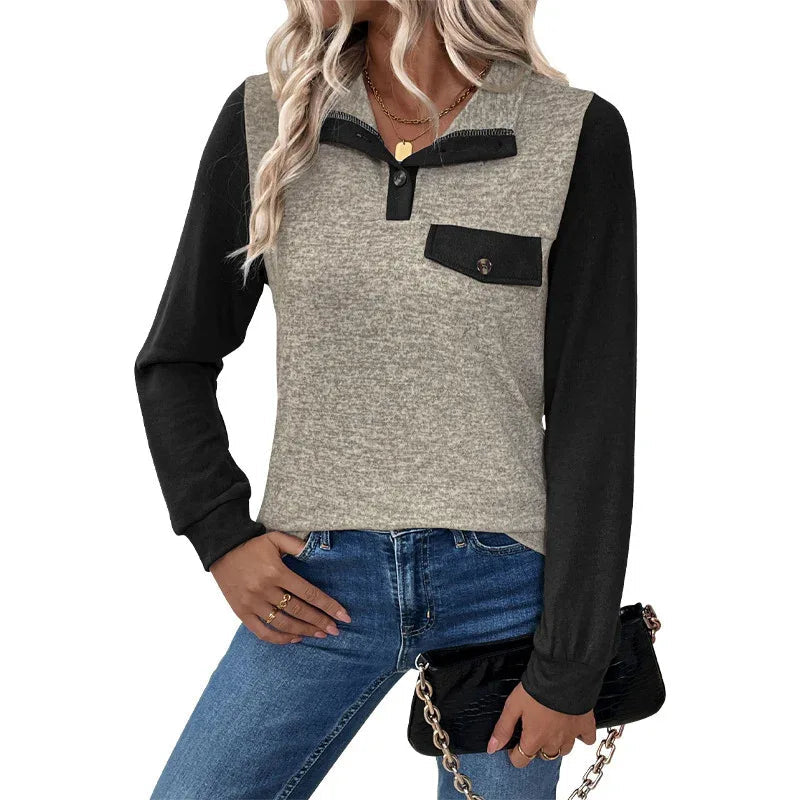 Women's Cardigan Button Color Stitching Stand-Collar Sweater