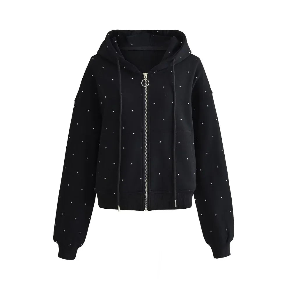 Women's Starry Rhinestone Hoodie With Drawstrings