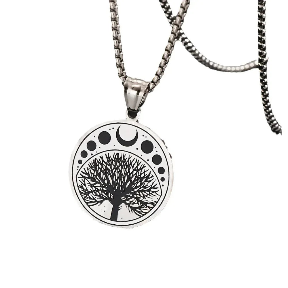 Men's Round Stainless Steel Tree Life Pendant Necklace