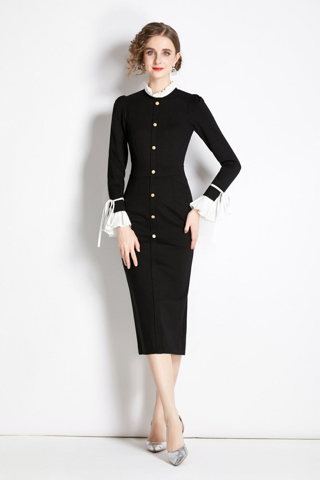 Black French Paneled Button Down Slim Fit Dress