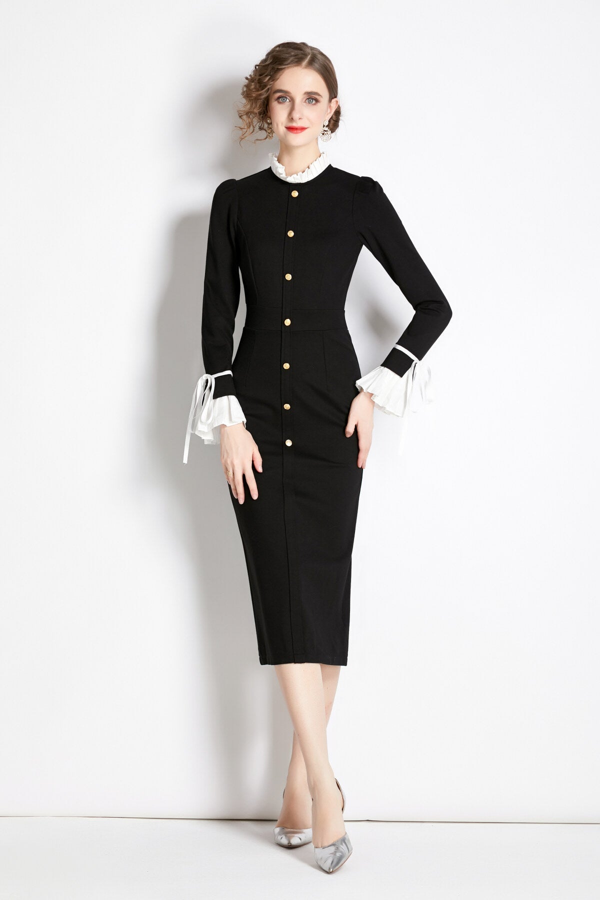 Black French Paneled Button Down Slim Fit Dress