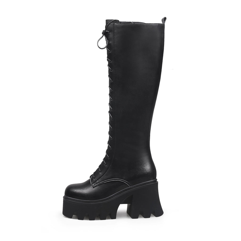Black Lace-Up Knee-High Boots-0