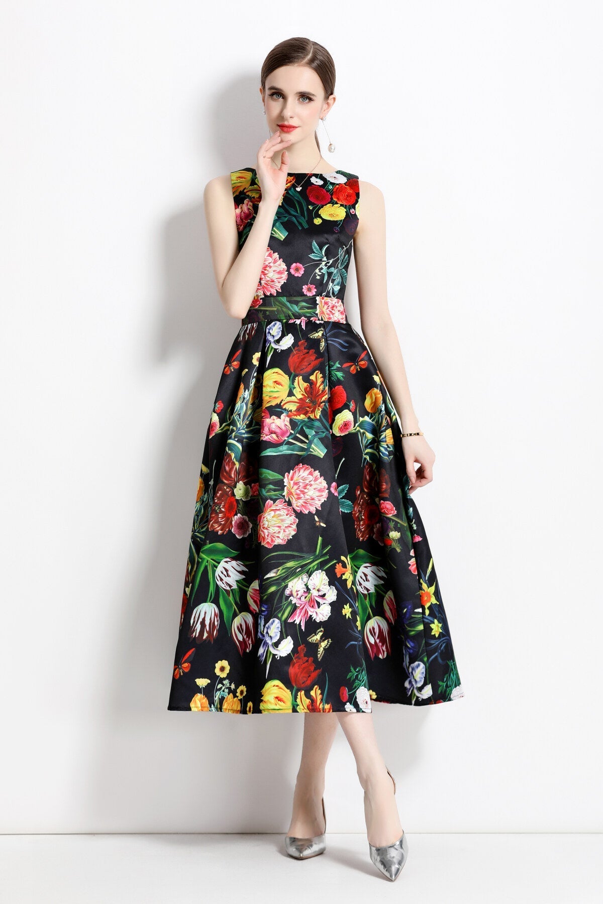 Blooming Garden Sleeveless Pleated A Line Tea Dress-0