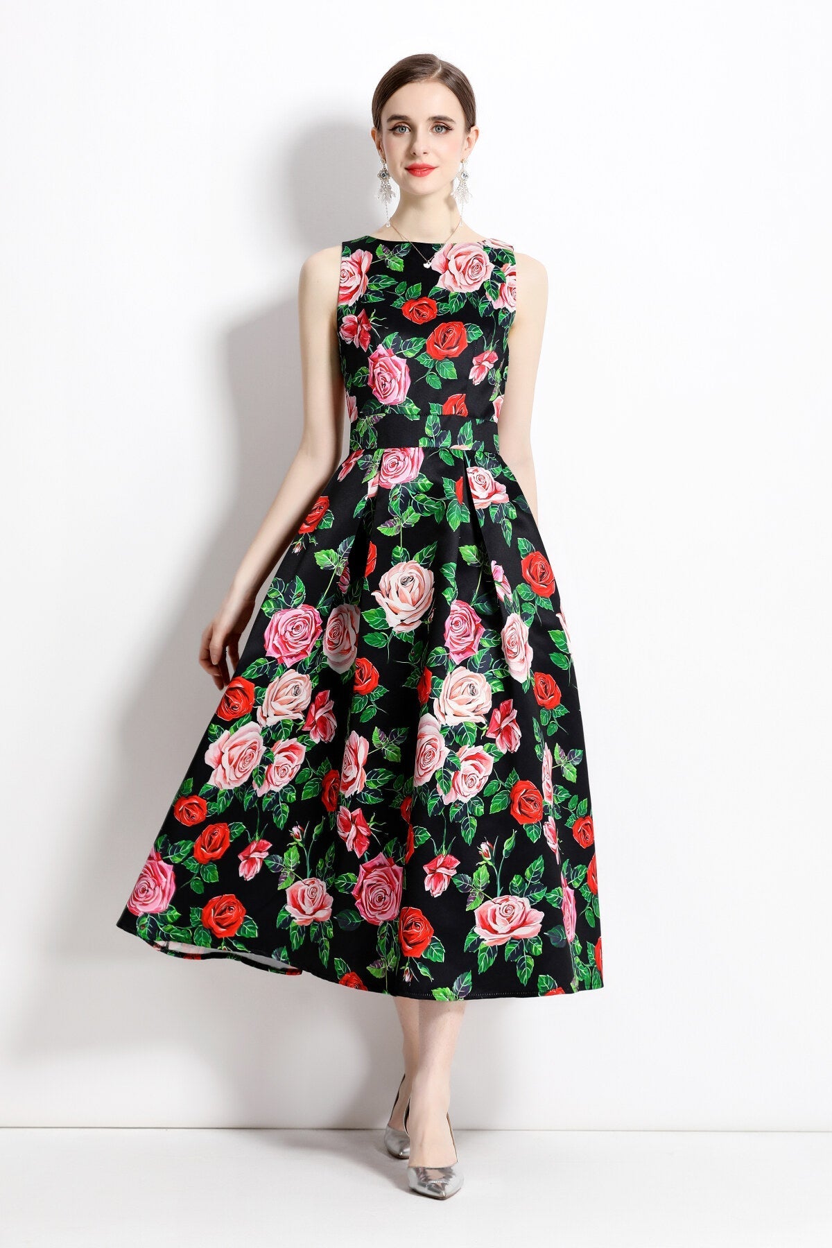 Blooming Garden Sleeveless Pleated A Line Tea Dress